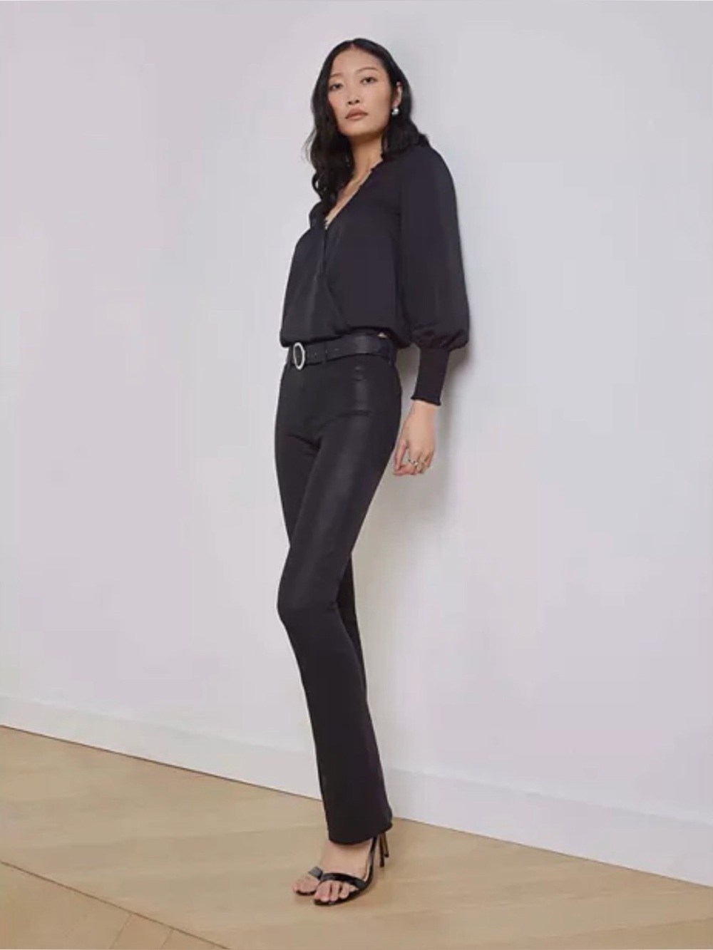 L'AGENCE Selma Black Flare Coated Jeans - High-Rise Wide Leg